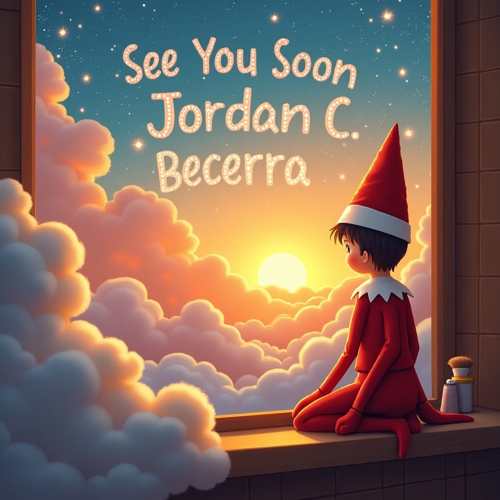 The image depicts an Elf on the Shelf character sitting by a window. The elf is looking out towards a beautiful sunset, with bright colors illuminating the clouds. Written in the sky are the words 'See You Soon Jordan C. Becerra'. The scene captures a warm and whimsical atmosphere, perfect for the holiday season. The elf's expression is one of hope and joy, adding to the festive spirit. The setting is cozy, making it relatable to families celebrating Christmas.