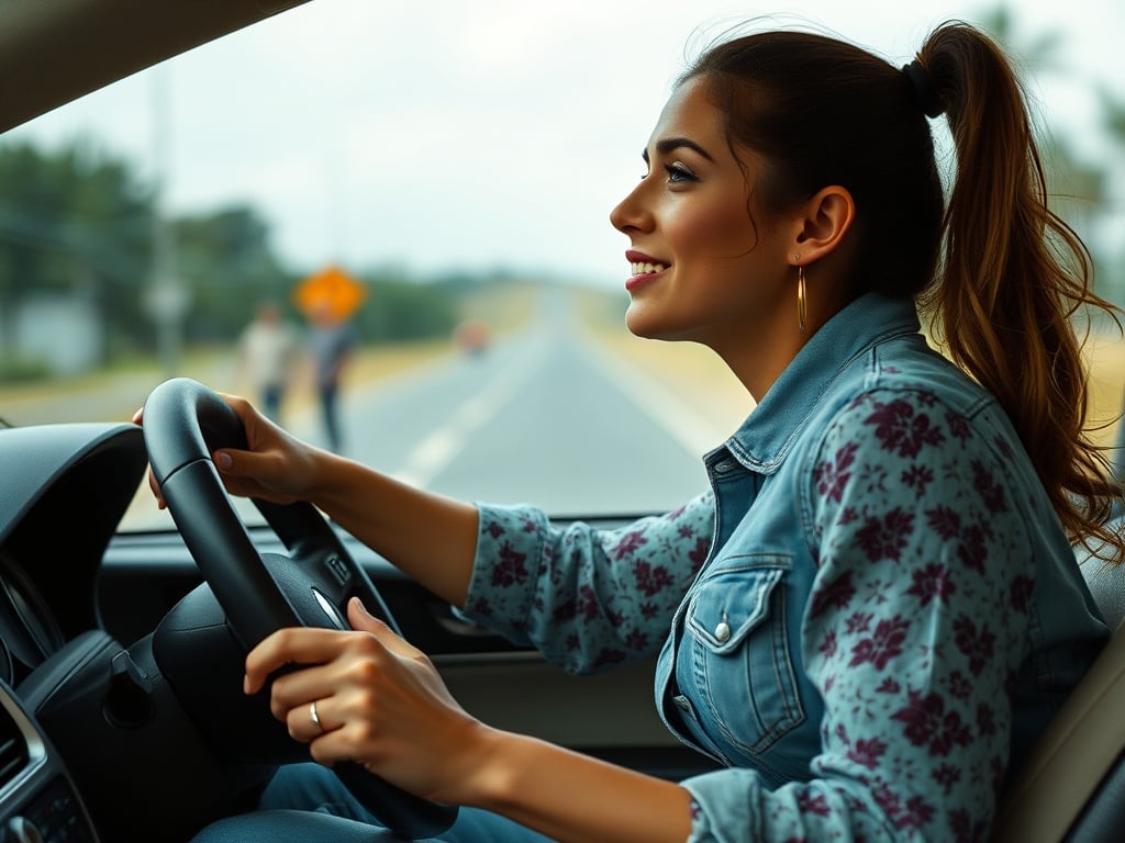 A young woman enjoying a drive on a rural road, smiling as she holds the steering wheel.