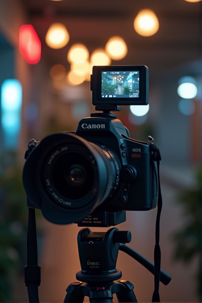 A close-up of a Canon camera on a tripod, with a focus on the LCD screen displaying a hallway with plants and warm lighting.