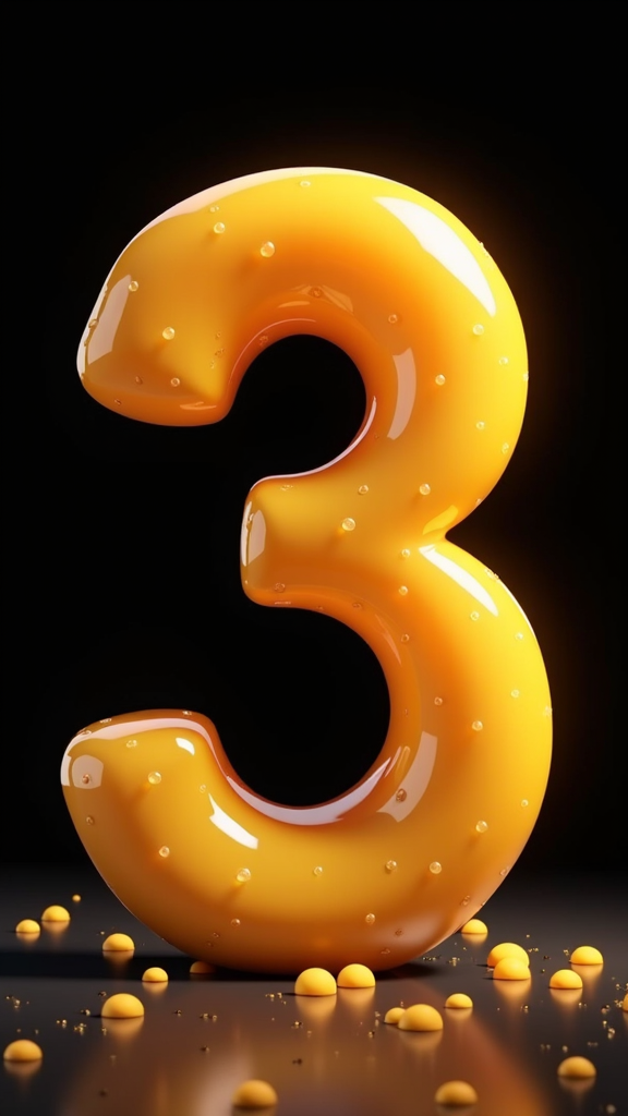 A shiny golden number three with a glossy, liquid-like texture, surrounded by small, spherical golden droplets against a dark background.