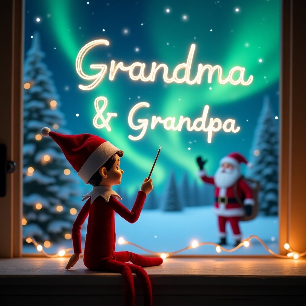 An elf on the shelf is depicted with its back turned, facing a stunning night sky. The elf uses a magic wand to elegantly write the names 'Grandma & Grandpa' in the air. The background is filled with majestic northern lights illuminating the snowy landscape. Santa Claus is seen cheerfully in the distance. There are strands of lights adorning the scene, enhancing the magical Christmas atmosphere. This festive image captures the spirit of the holiday season with a whimsical touch.