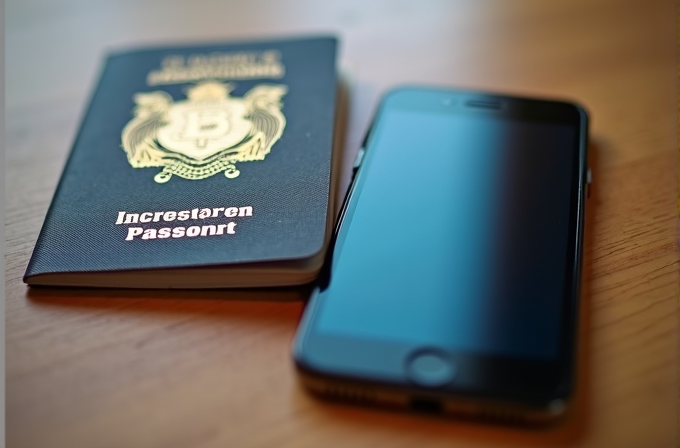 A passport with a golden emblem next to a sleek smartphone on a wooden surface.