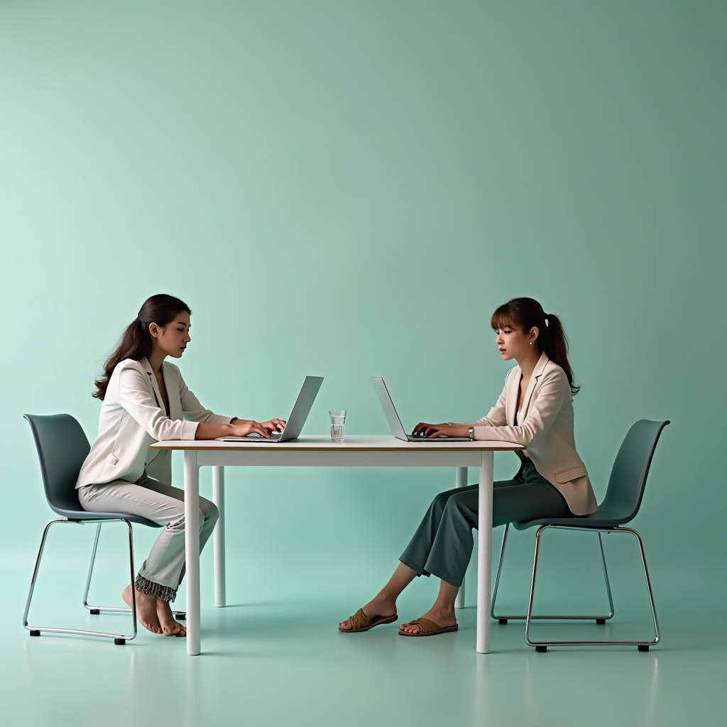 Two women in business attire sitting at a table facing each other with laptops in a minimalist setting.