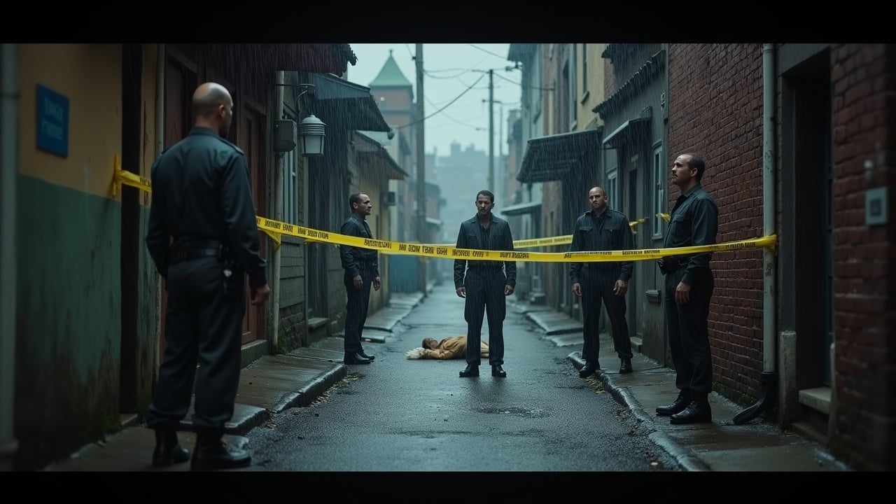 The scene depicts a gloomy, rain-soaked alley where police tape surrounds a dead body. A military officer stands at a distance, appearing pale and shocked. Detectives work methodically around the scene, examining evidence. The rain falls heavily, adding a layer of tragedy to the atmosphere. The overall vibe is dark and somber, filled with grief, enhancing the tension of the investigation. The muted colors contribute to the heavy emotional weight of the moment. Such an image evokes feelings of tragedy and intrigue, drawing viewers into a narrative of mystery.