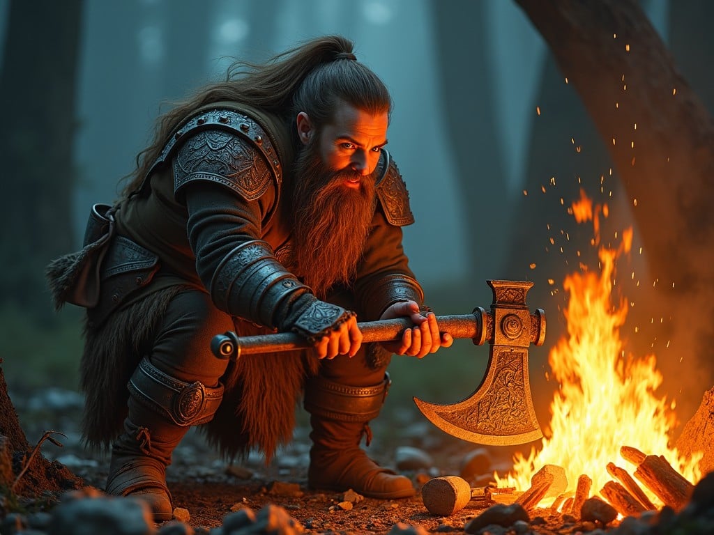 A fantasy warrior with long hair and beard, clad in medieval armor, crouches beside a campfire in a misty forest at dusk, holding an ornate battle axe.