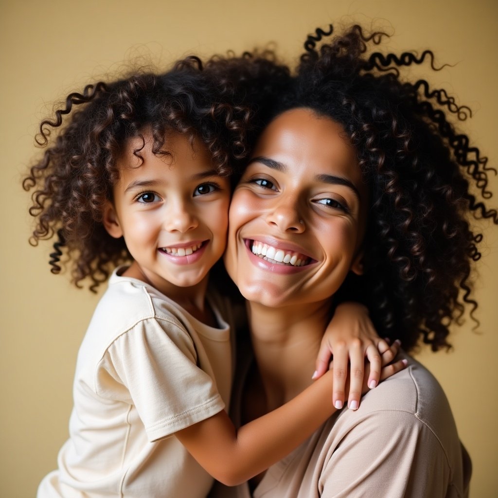 A mother and child are sharing a joyful embrace in front of a warm beige background. Both are smiling brightly, showcasing their close bond. The child has natural curly hair, similar to the mother's, emphasizing their connection. The lighting is soft and warm, creating a cozy atmosphere. This image captures the essence of family love and happiness in a beautiful way.