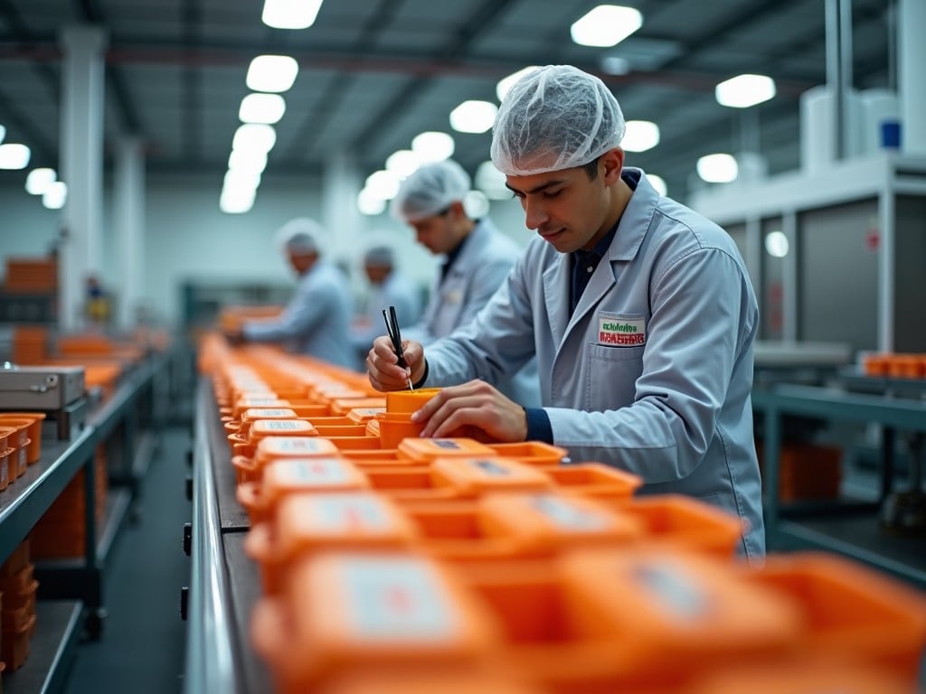 The image shows a modern food manufacturing facility with workers in white lab coats and hairnets. Each worker is focused on organizing orange containers along the assembly line, ensuring efficient production. The environment is bright and clean, highlighting the importance of hygiene in food processing. The atmosphere conveys professionalism and precision in food handling. This scene represents teamwork and the essential role of quality control in the industry.