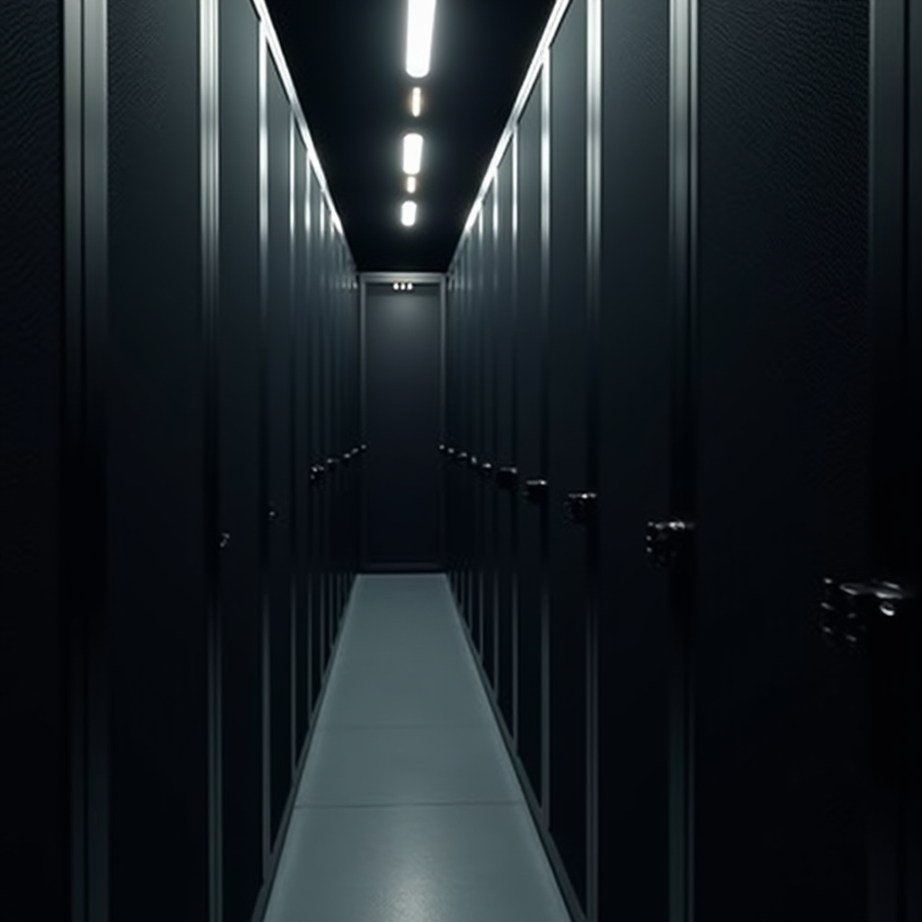 A narrow corridor in a dimly lit server room with rows of dark server racks and overhead lighting.