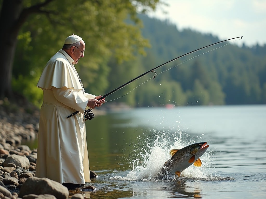 A serene scene captures a figure in a white robe fishing at a tranquil lakeside. Gentle ripples break the lake's surface as a fish leaps from the water, splashing in the sunlight. The lush green surroundings and peaceful atmosphere suggest a moment of quiet reflection.