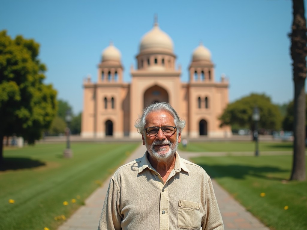 An elderly man with gray hair and glasses standing in front of a historic building with domes, surrounded by a green park on a sunny day, showing a warm smile and wearing a beige shirt.