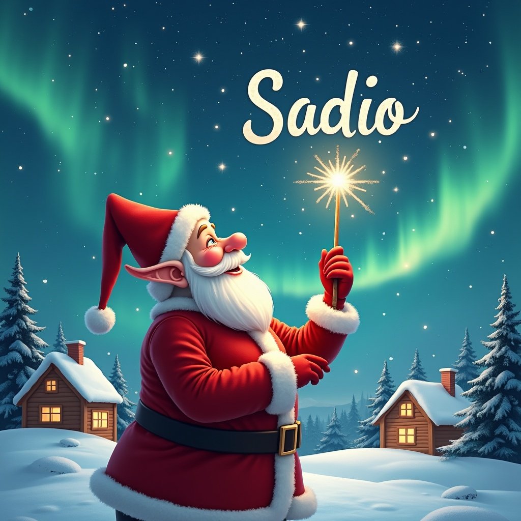 In a snowy paradise, a jolly Santa Claus dressed in a delightful red outfit with a pointed hat holds a sparkling wand aimed at the magical sky. The Northern Lights shimmer overhead as he writes the name 'Sadio' in luminous letters. Below, charming houses nestled in snow and evergreen trees create a warm holiday scene. The atmosphere is filled with childhood wonder and festive cheer. Santa's twinkling eyes reflect joy as he adds 'Lucca' and 'Noah' to the sky, enhancing the enchanting experience for onlookers.