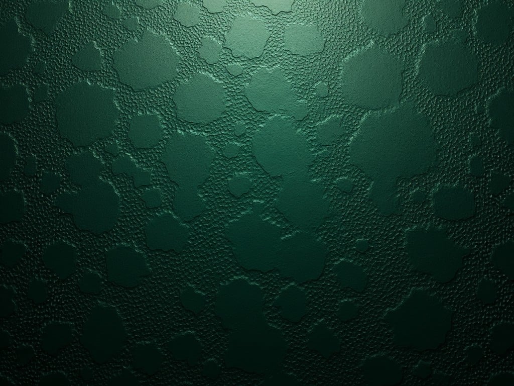 This image features a dark green embossed background that showcases various textured patterns. The surface has a unique and intriguing design, with a rich dark green color dominating the scene. The embossing creates a tactile illusion, making the surface look dynamic and interesting. Subtle lighting enhances the texture, revealing the details of the pattern beautifully. This background could serve a variety of purposes in design, from wallpapers to product packaging.