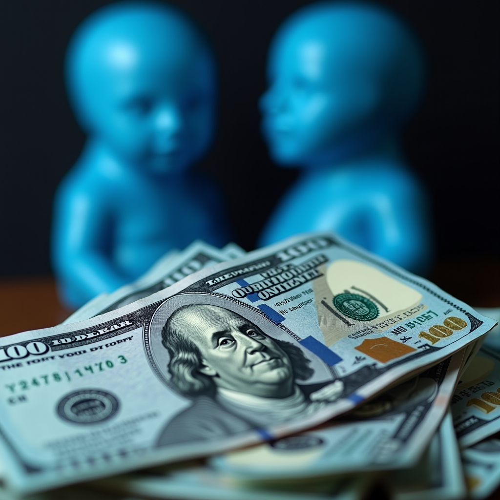 Blue mannequin heads with a pile of hundred-dollar bills in front.