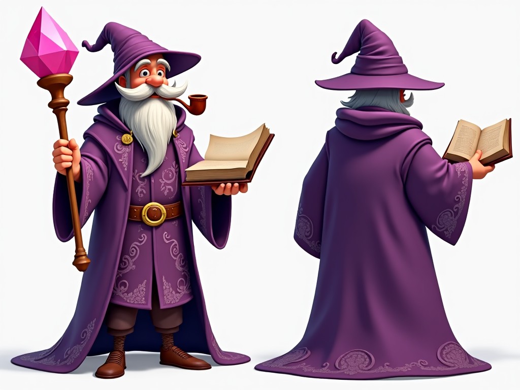 Create a turnaround view of the character depicted. The character is a wizard wearing a purple cloak with intricate designs. He holds a staff topped with a pink crystal in one hand and an open book in the other. The wizard has a pipe in his mouth and a charming mustache. Include front, side, and back views to showcase his attire and accessories.