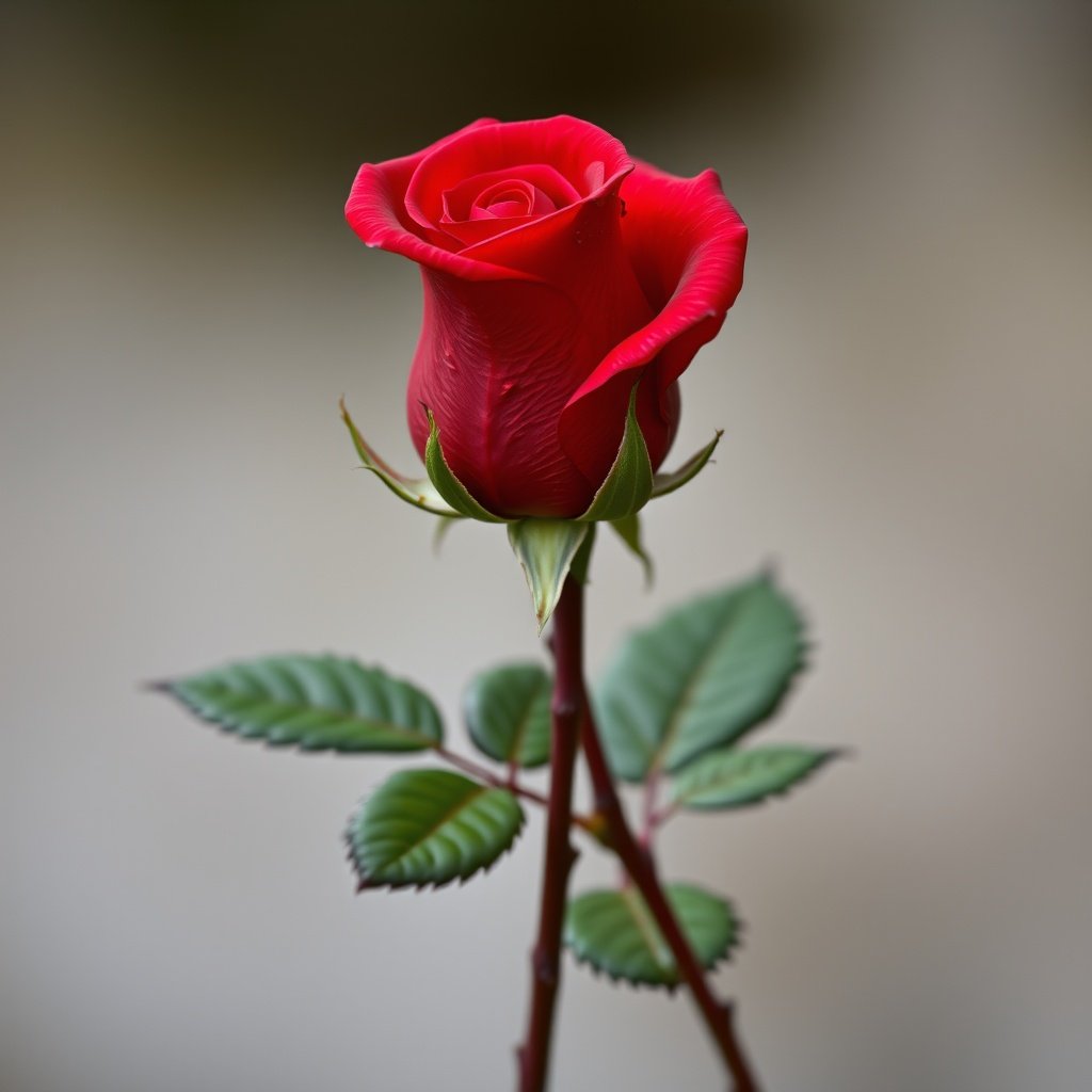 A vibrant red rosebud with delicate petals and lush green leaves.