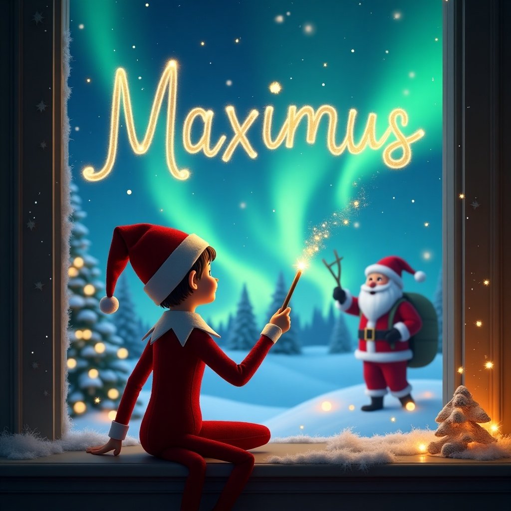 The image features an Elf on the Shelf character sitting with his back toward the viewer. He is facing a magical Christmas scene outside the window, using a wand to elegantly write the name 'Maximus' in the night sky. The background is filled with northern lights illuminating the scene, with Santa Claus also present, writing the names 'Kennedy, Mia, Ellie, and Silas' in the air. The overall atmosphere is enchanting, evoking feelings of holiday magic and wonder. Snowflakes can be seen falling gently outside, adding to the festive ambiance.