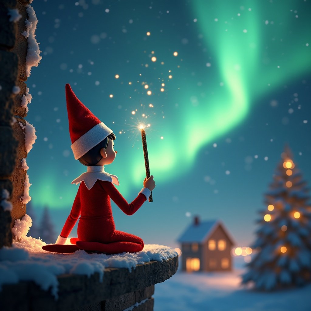 In this enchanting Christmas scene, an elf on the shelf sits with its back to the viewer, gazing up at the night sky. The elf is dressed in a classic red outfit and is using a sparkling wand to write 𝓐𝓭𝓲𝓵𝔂𝓷𝓷 in the air. The backdrop is filled with vibrant northern lights, casting a magical glow over the snowy landscape. A cozy house adorned with festive lights can be seen in the background, along with the silhouette of Santa. The entire scene radiates warmth, joy, and the spirit of the holiday season.