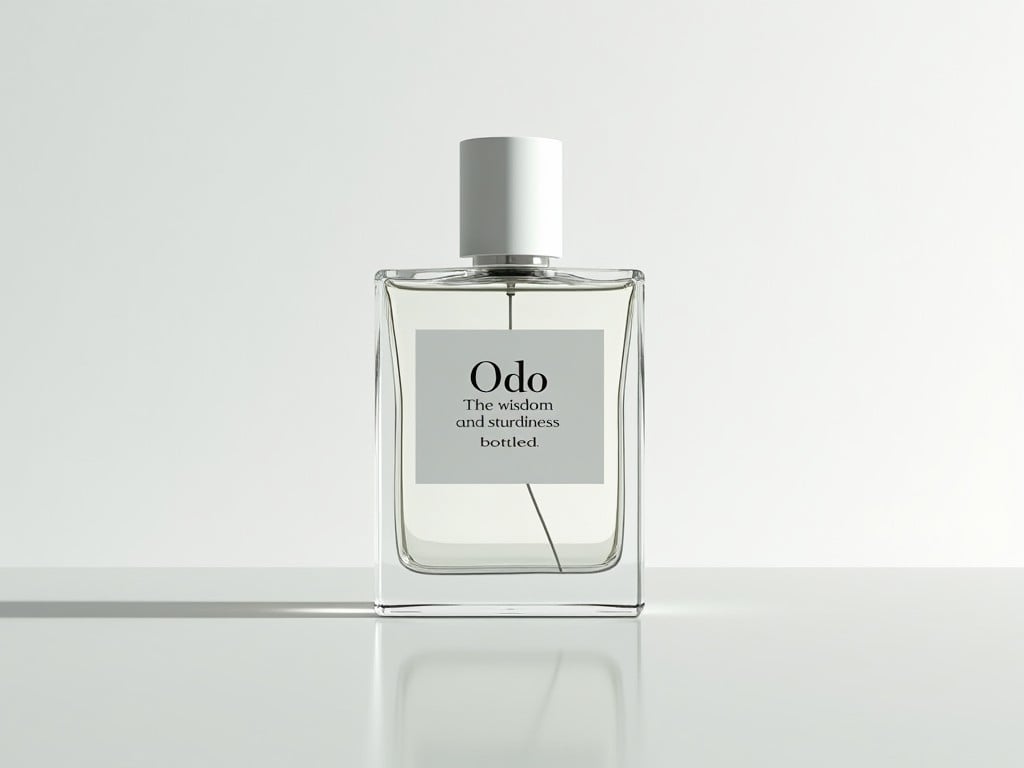 This image features a minimalist design of a perfume bottle labeled 'Odo'. The bottle is transparent, showcasing its contents, and sits on a light, soft-colored background. It conveys elegance and simplicity, perfect for a men's fragrance. The label reads 'The wisdom and sturdiness, bottled', emphasizing a refined character. The bottle's shape and the straightforward typography enhance its modern appeal.