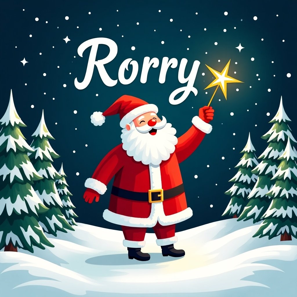 A festive illustration features Santa Claus standing in a snowy landscape under a starry night. He is wearing his iconic red suit with white trim and a red hat. Santa is joyfully using a sparkling wand to write the name 'Rorry' in the sky, surrounded by twinkling stars. Tall pine trees adorned with snow frame the background, creating a magical winter scene. This illustration captures the essence of Christmas magic and joy, perfect for holiday themes.