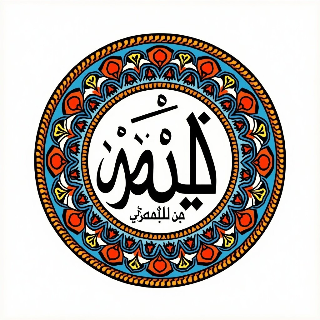 This image features a round logo centered around Arabic calligraphy. The name 'Abu Ishaq Al Somali' is beautifully rendered in Arabic script. The design is encircled by intricate patterns that showcase traditional Middle Eastern artistic elements. Vibrant colors, including red, blue, and gold, bring the logo to life. This artwork reflects deep cultural and historical significance, making it ideal for various uses in education, branding, and art.