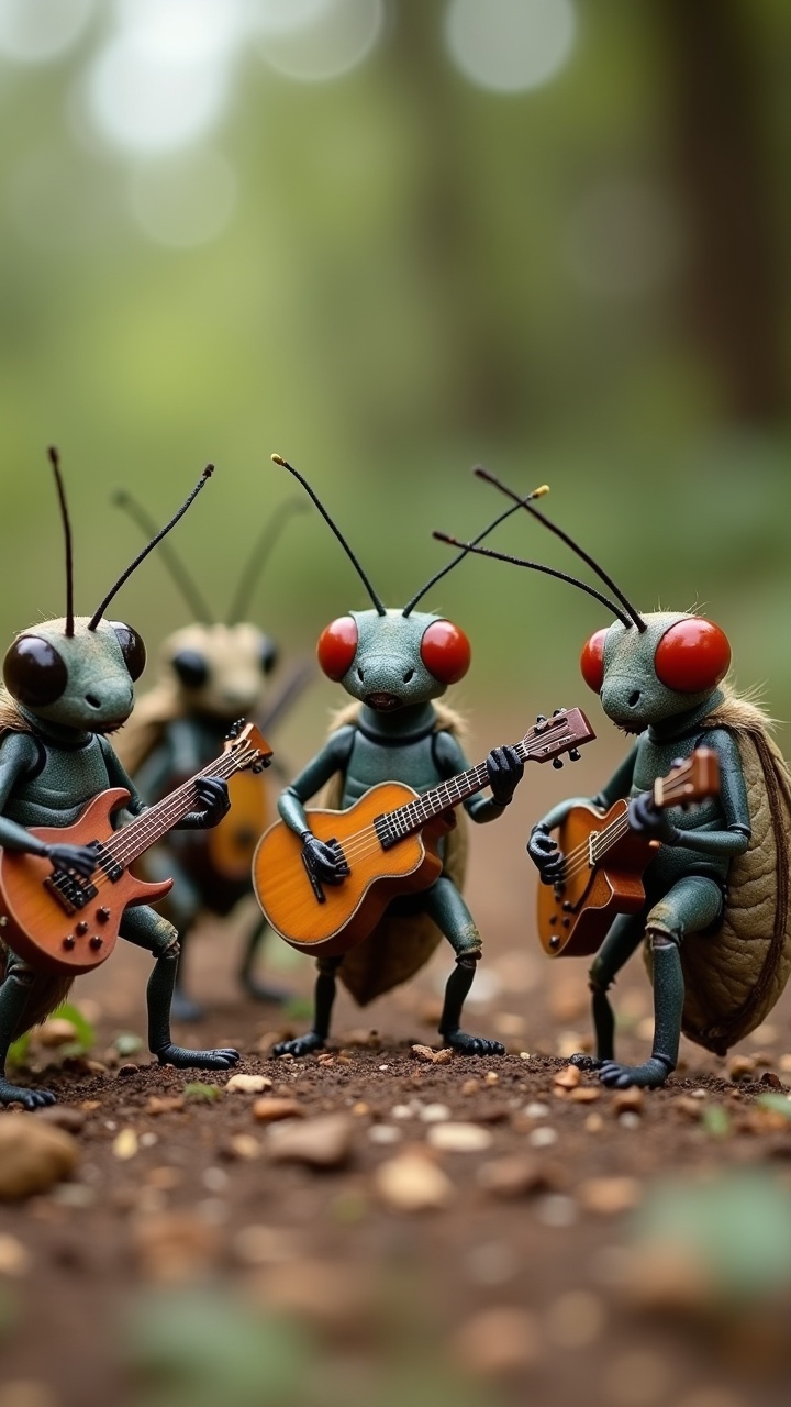 Grasshoppers playing guitars in a forest setting.