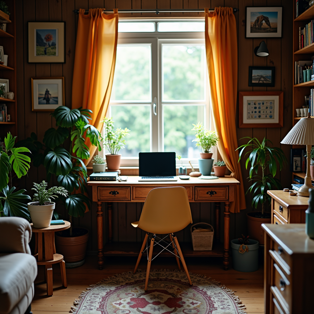 A wooden desk with a laptop, surrounded by lush indoor plants and warm lighting.