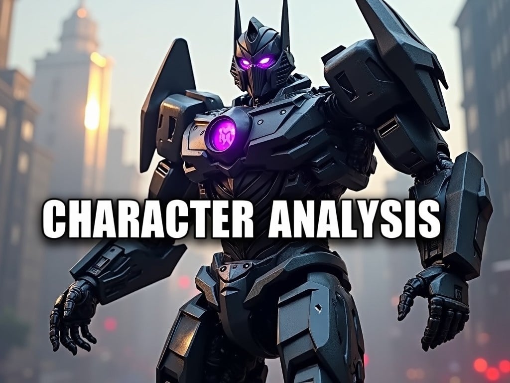 Create a thumbnail themed around Megatron for a character analysis video. The thumbnail should feature a detailed, imposing robot figure resembling Megatron, showcasing distinctive attributes like its purple glowing core. The background should reflect an urban landscape, hinting at action and adventure. Overlay bold text reads 'CHARACTER ANALYSIS' to draw attention. The overall color scheme should emphasize black and purple, resonating with the character's design. The image should be eye-catching and suitable for a YouTube audience.