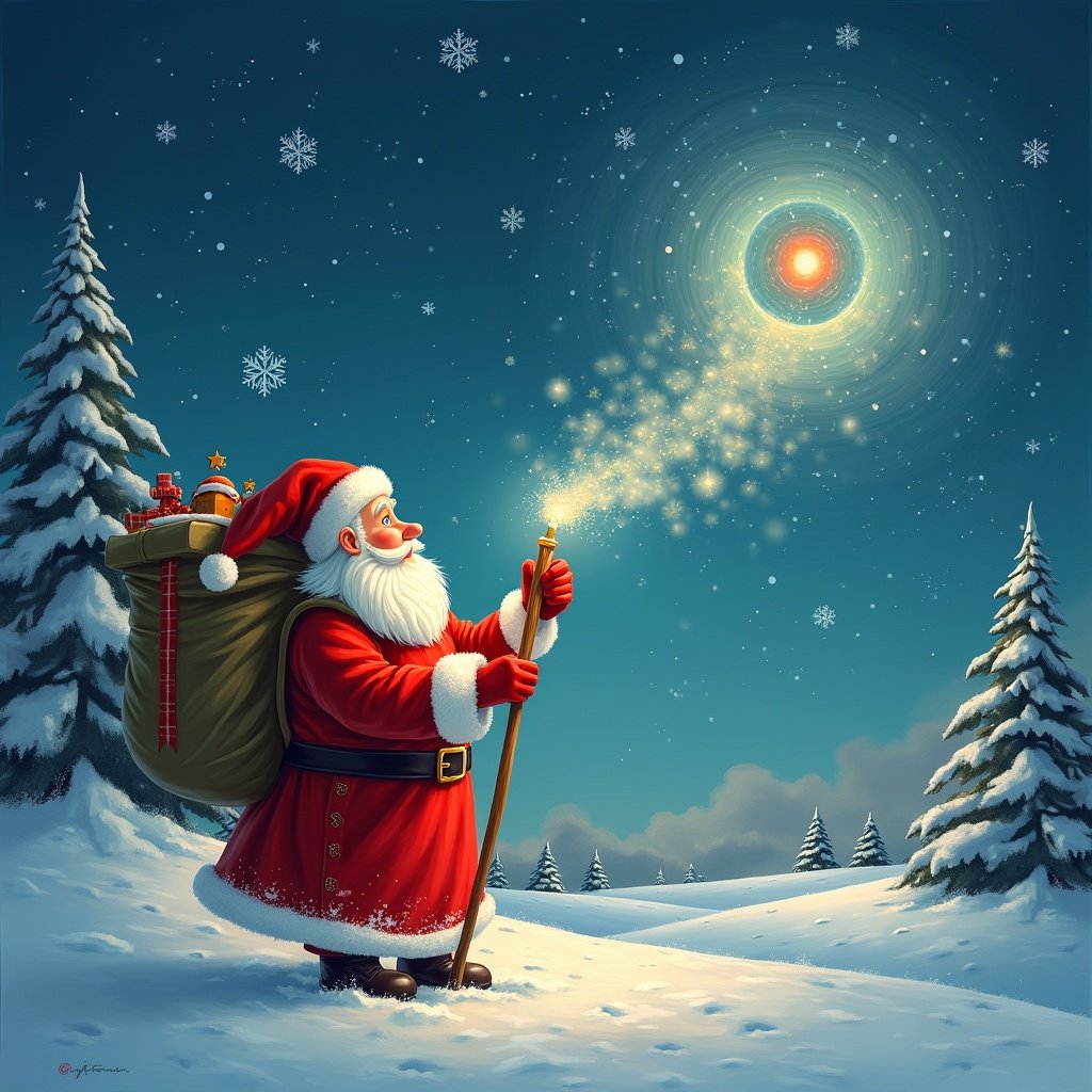 In a snowy landscape, Santa Claus stands joyfully, holding a staff. His iconic red suit and white beard contrast beautifully against the blue sky. Around him, snowflakes fall gently while a magical glow lights up the snowy ground. In the sky above, sparkles form the name 'Isla-Rose' in a whimsical, enchanting manner, capturing the spirit of Christmas. The scene radiates joy and holiday cheer, inviting viewers into a festive wonderland.