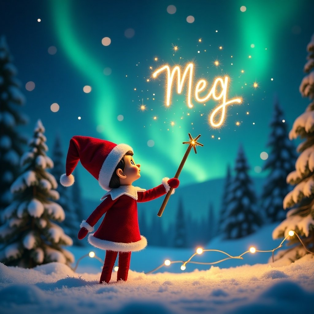 An elf on the shelf stands with their back to the viewer, gazing up at the night sky. They hold a wand, using it to create the name 'Meg' in the air, surrounded by sparkles. The scene is set in a winter landscape featuring snow-covered trees and twinkling lights. The sky is illuminated by beautiful northern lights, creating a magical atmosphere. The entire composition exudes a cheerful and festive vibe, perfect for the holiday season.