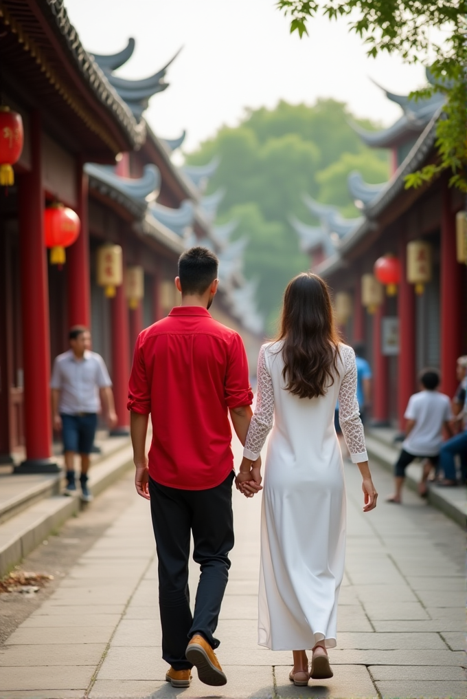 A couple walks hand in hand through a traditional street lined with red lanterns and ornate rooftops.