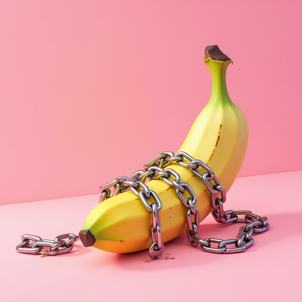 A banana wrapped in heavy chains against a pastel pink background.