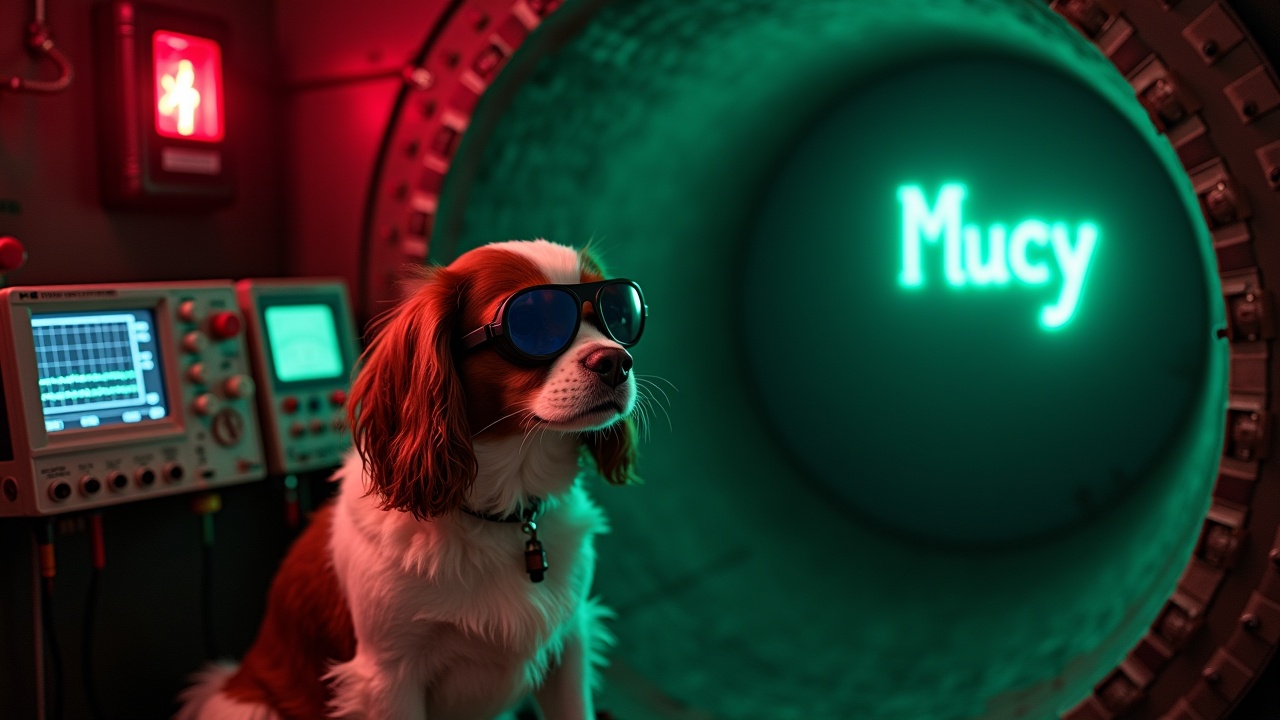 In a dark and eerie bunker, a fluffy Cavalier King Charles Spaniel sits next to a glowing wormhole. The dog, donning welding goggles, has an expressive face that captures attention. Surrounding the dog are oscilloscopes and multimeters displaying various signals. A bright red emergency alarm adds to the industrial atmosphere. On a computer screen nearby glows the word 'Mucy' in bright green. The image perfectly blends technology, industry, and pet companionship, creating a unique setting.