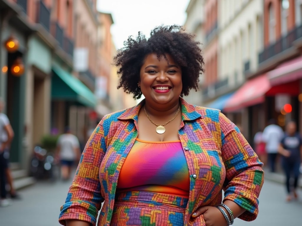 The image showcases a confident woman standing in a lively street. She has a big, charming smile and is wearing a vibrant outfit that combines multiple colors. Her natural curls frame her face beautifully, adding to her charm. The background features a colorful street with shops, creating a lively atmosphere. This image represents diversity and empowerment.