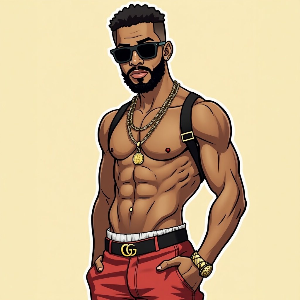 The image features a cartoon man with a muscular build. He is dressed in stylish Gucci clothing, giving off a relaxed and confident vibe. His accessories, including chains and sunglasses, enhance his cool persona. With his pose and expression, he seems ready to become the next internet meme sensation. The background is a soft beige color, making him stand out as the main focus.