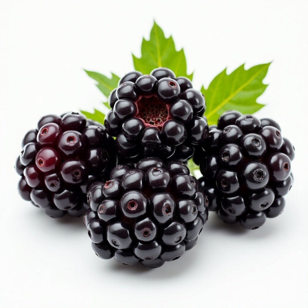 This image showcases five ripe blackberries stacked together on a soft white background. The berries are glossy and plump, displaying their rich, dark purple color. Fresh green leaves are also included, adding a natural touch. The lighting is soft, emphasizing the shiny texture of the fruit. This composition could serve well for food-related articles or advertisements focusing on healthy eating.