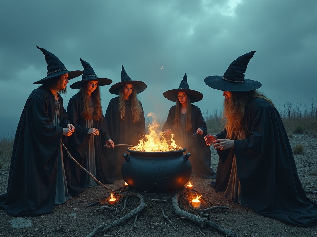 Five witches gather around a cauldron, casting spells in a misty, barren landscape. They wear pointed hats and flowing robes. The scene is shrouded in mystery and darkness. Flames flicker from the cauldron, illuminating their faces. The atmosphere is spellbinding and eerie, perfect for a fantasy theme.