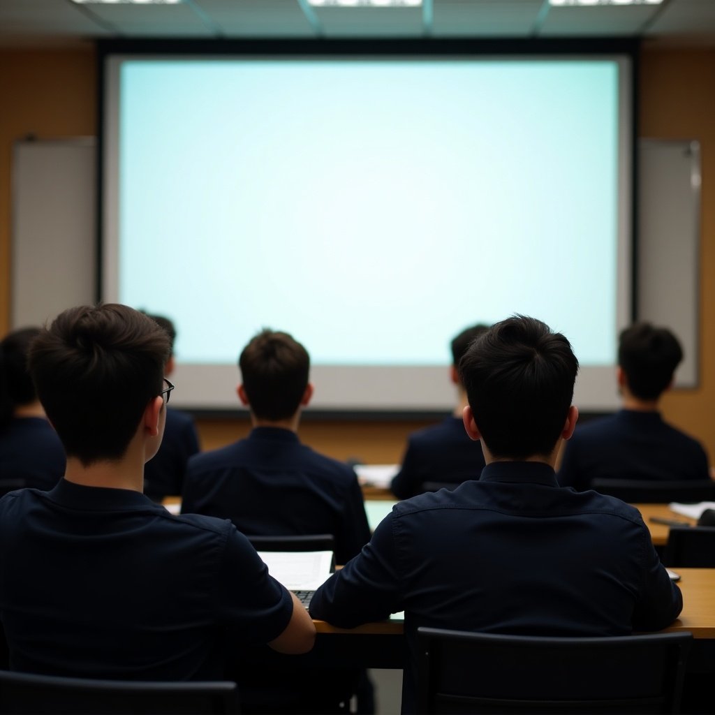 In this image, students are seated in a classroom, closely facing a blank projector screen. The atmosphere is focused yet relaxed, as the students appear engaged and attentive. They are dressed uniformly in dark shirts, emphasizing a sense of unity. The classroom is well-lit, creating a conducive environment for learning. This scene symbolizes the modern educational experience and the use of technology in teaching.