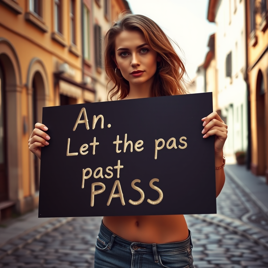 A woman stands in a narrow sunlit street holding a sign that reads, 'Let, let the past past pass.'