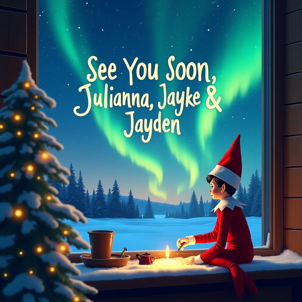 An elf on the shelf sits on a cozy windowsill, writing a heartfelt message in the snow with the northern lights illuminating the sky. The scene is warm and inviting, with a Christmas tree in the background. The sky is filled with vibrant greens and blues of the aurora borealis, creating a magical atmosphere. The elf is dressed in a classic red outfit, embodying the Christmas spirit. The message written in the sky says, 'See You Soon, Julianna, Jayke & Jayden'.