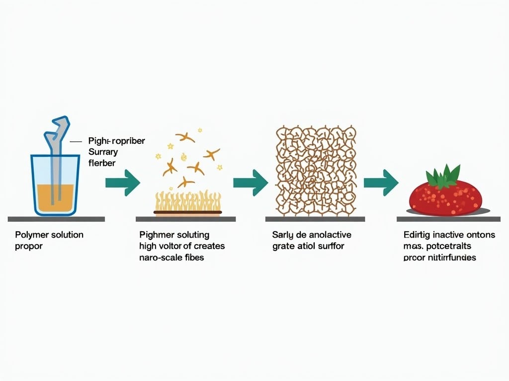 An illustration depicting a step-by-step scientific process using a polymer solution, with diagrams of mixing, fiber production, and an end product, labeled with technical terms.