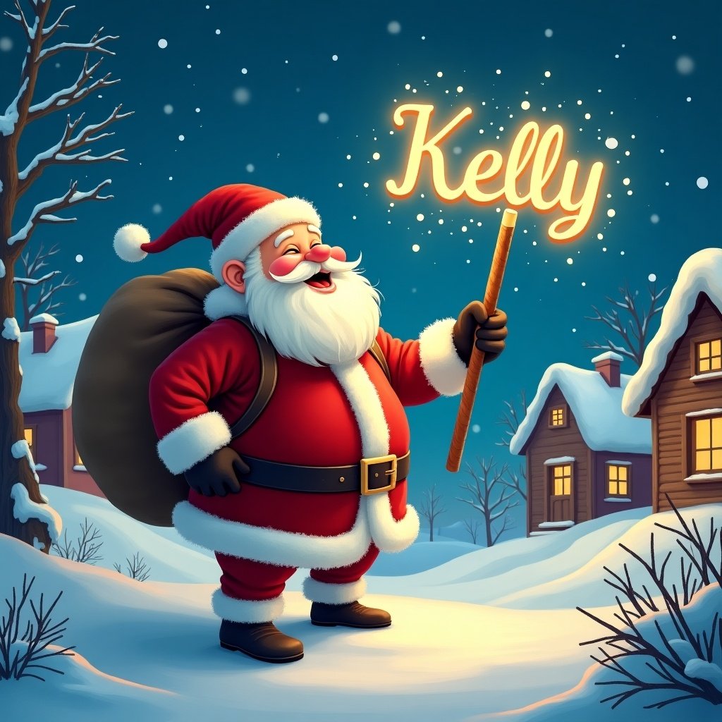 The image depicts Santa Claus in a snowy village. He is joyfully writing the name 'Kelly' in the sky with a glowing stick. Dressed in his classic red suit and carrying a big sack on his back, Santa brings festivity to the scene. The surrounding village features cozy houses, all covered in snow, enhancing the winter charm. The bright and cheerful atmosphere captures the essence of the holiday season, making it feel magical and warm.