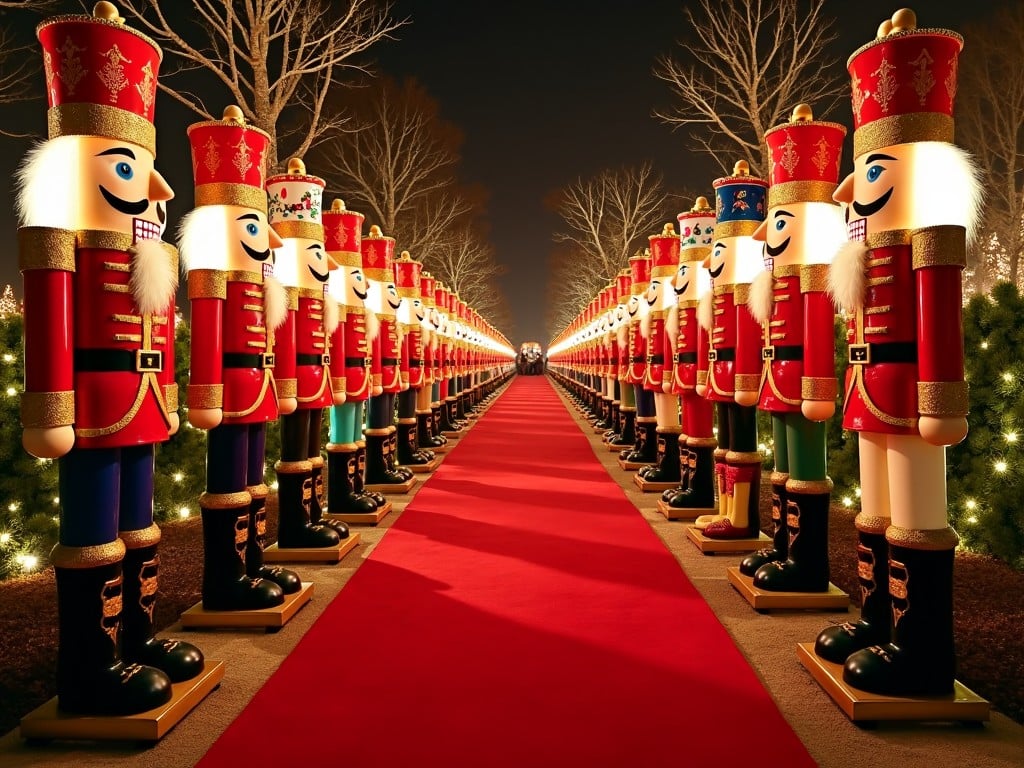 The image depicts a grand festive scene with rows of towering nutcracker figures lining a red carpet pathway. Each nutcracker is intricately designed with bright colors like red, gold, and blue, reflecting holiday cheer. The pathway is illuminated by soft lights, enhancing the magical atmosphere of the scene. The nutcrackers stand in perfect alignment, creating a symmetrical and captivating display. This setting evokes a sense of wonder and joy, making it ideal for holiday celebrations and events.