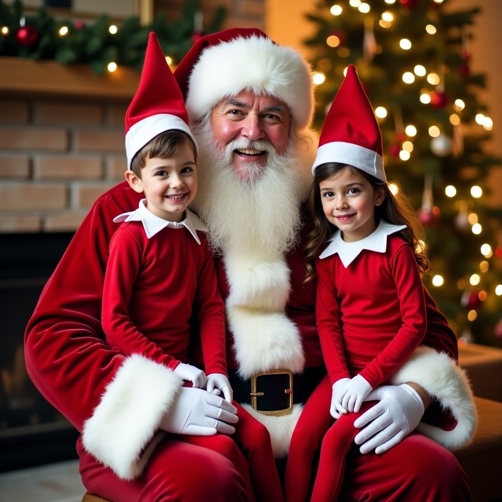 This image features Santa Claus sitting in a cozy setting with two kids, Jax and Hattie, who are dressed as elves. They are all smiling, embodying the joyful spirit of Christmas. The background includes a beautifully decorated Christmas tree filled with lights. The warm lighting enhances the festive mood of the scene. Santa, in his traditional red suit and white beard, looks delighted to be with the children. The overall composition captures a perfect holiday moment that families cherish during Christmas.