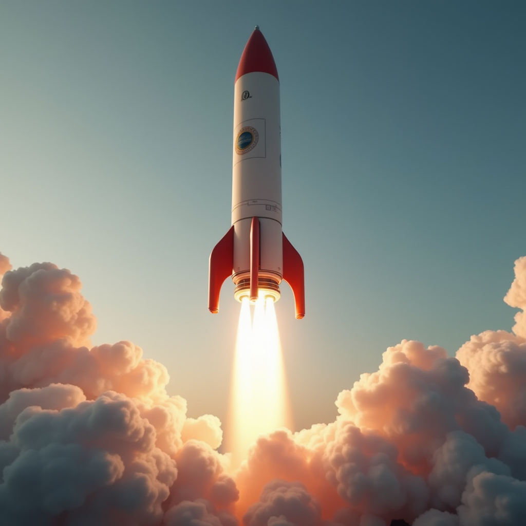 A stylized rocket launches through a cloud-filled sky at dusk.