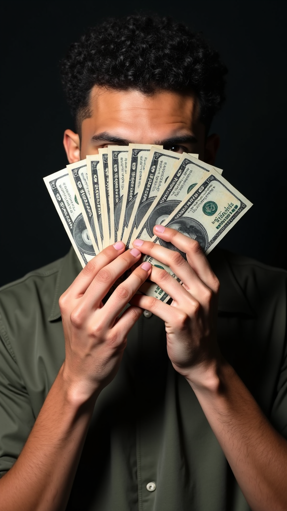 A person with curly hair conceals their face behind a fan of U.S. hundred dollar bills.