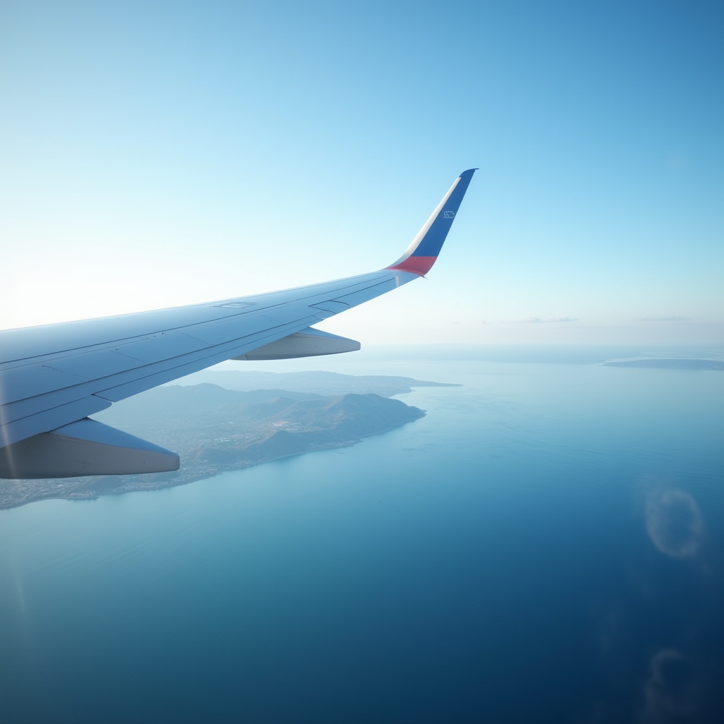 A plane's wing is seen flying over a calm, blue ocean with a distant coastline under a clear sky.