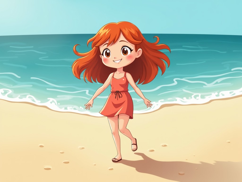 This illustration depicts a cheerful character with flowing red hair, walking along a sunlit beach. The ocean waves gently lap at the shore, providing a serene backdrop that contrasts with the character's playful and lively demeanor. The warm color palette and smooth transitions between shades enhance the overall sense of joy and lightheartedness.