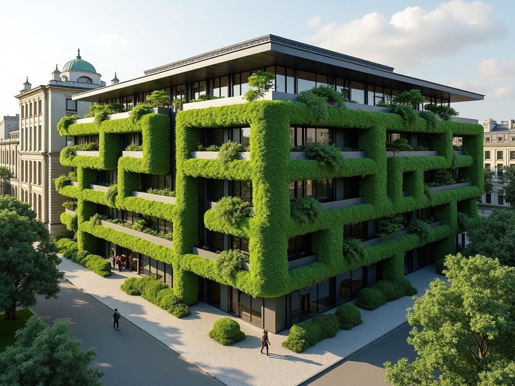 The image shows a building with a lush green vertical garden covering its walls. The building is modern, with rectangular shapes and neat architectural lines. Solar panels cover the roof, indicating a focus on sustainability. Surrounding the building are trees and open spaces, suggesting an eco-friendly environment. Adjacent is an older architectural structure, adding contrast between modern and historical styles in the area.