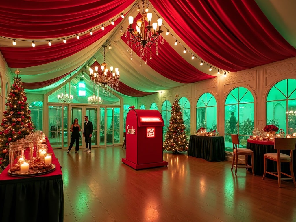 The image features a beautifully decorated holiday event space filled with festive Christmas elements. Large trees adorned with ornaments stand at either side, and tables are set with candles providing a warm glow. A striking red donation box is prominently positioned in the center, symbolizing charitable giving during the holidays. The room is decorated with draped red and white fabric, creating an elegant ambiance. Green lighting accents the overall decor, enhancing the festive spirit.