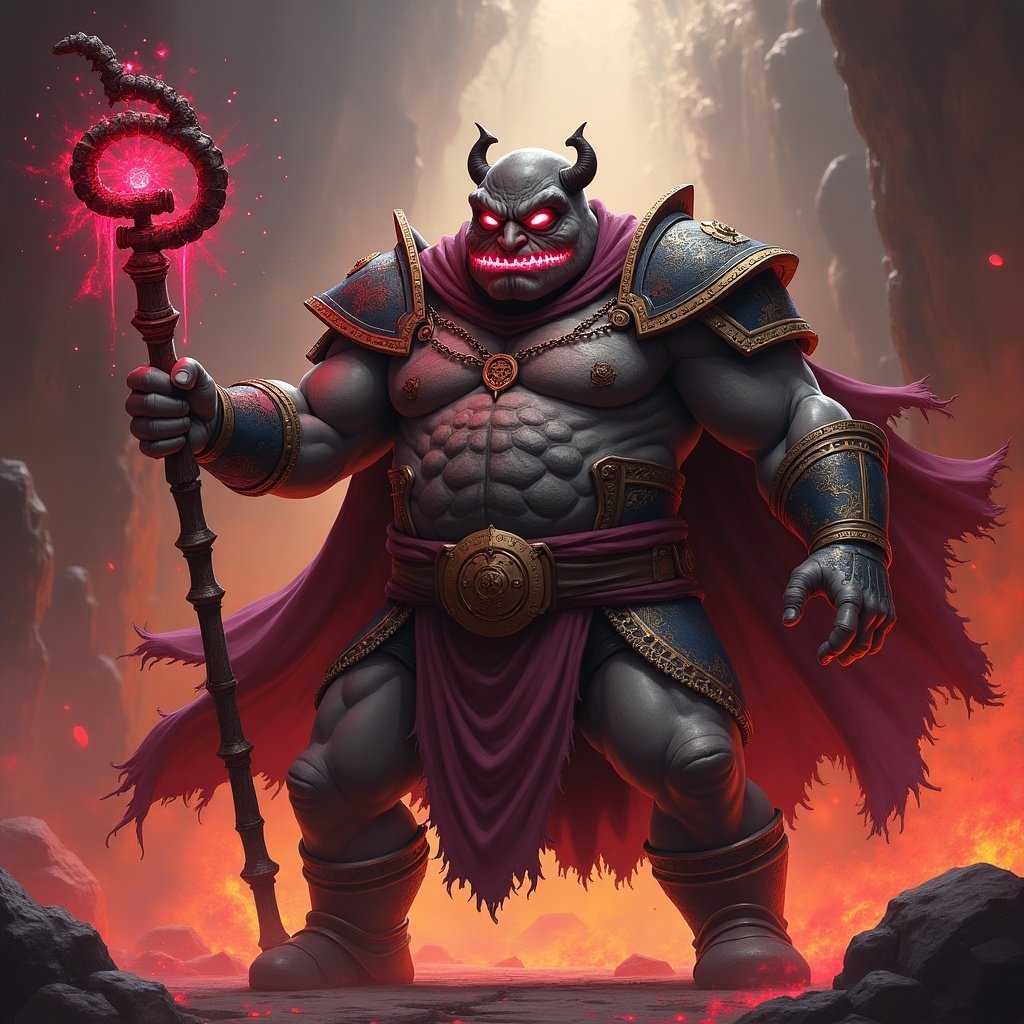 The image depicts a fierce and imposing character standing in a dark, fiery landscape. He is muscular and has glowing eyes, wearing intricate armor reminiscent of a fantasy realm. His confident stance suggests he's ready for battle. In one hand, he wields a powerful weapon, while the other hand holds a magical object. The background features ominous shadows and fiery elements, enhancing the dramatic atmosphere of the scene.